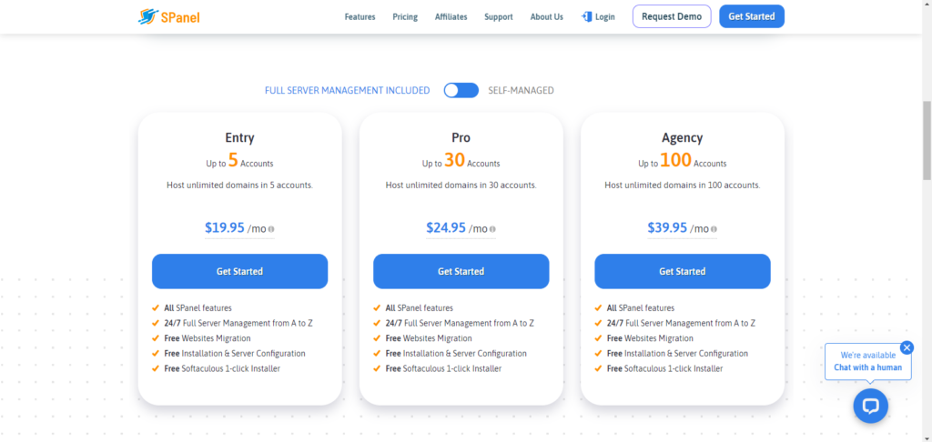 SPanel pricing plans overview, displaying various options and their features, helping users choose the best hosting solution for their needs.