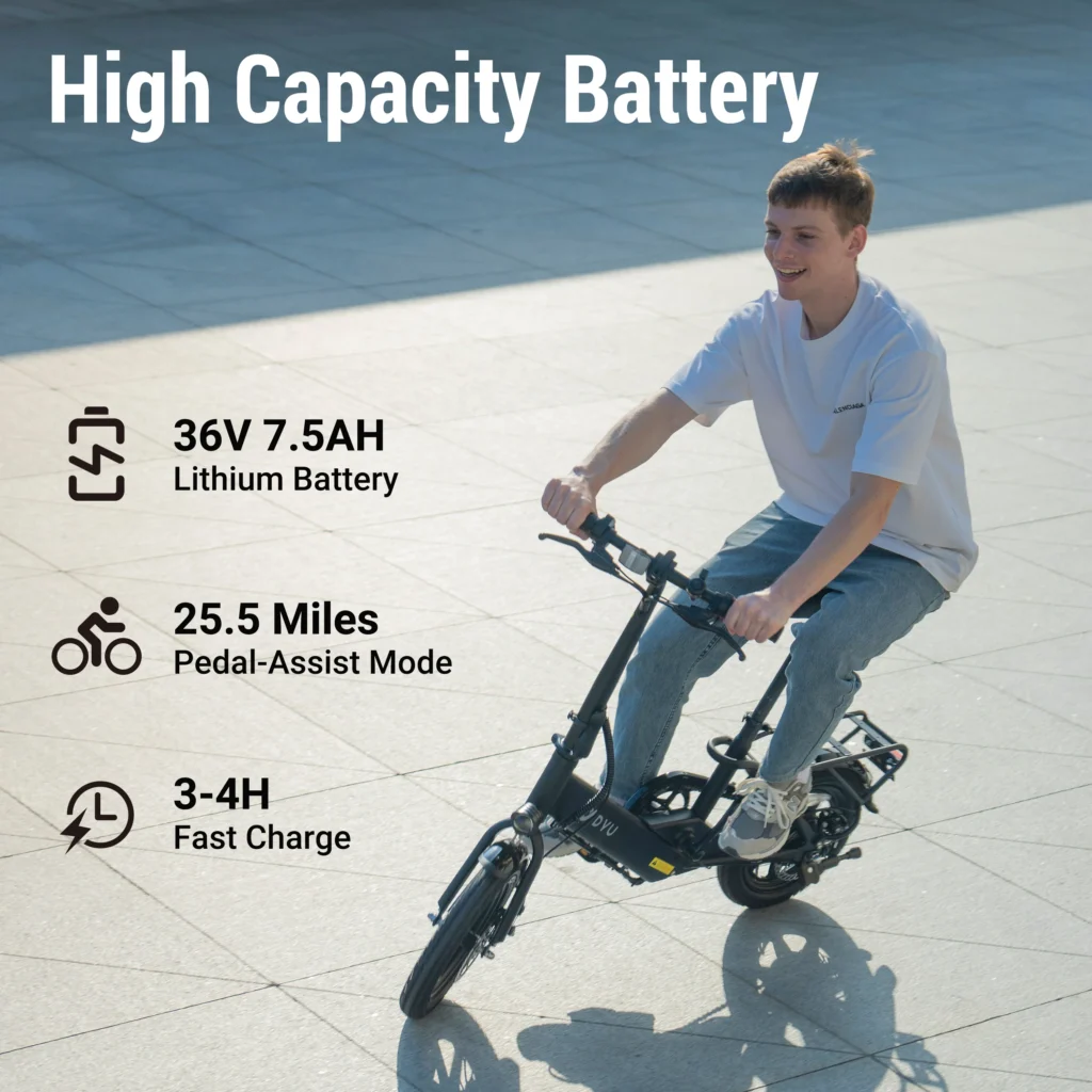 DYU electric bike battery charging with charger, highlighting long battery life and ease of use for commuters in 2024.